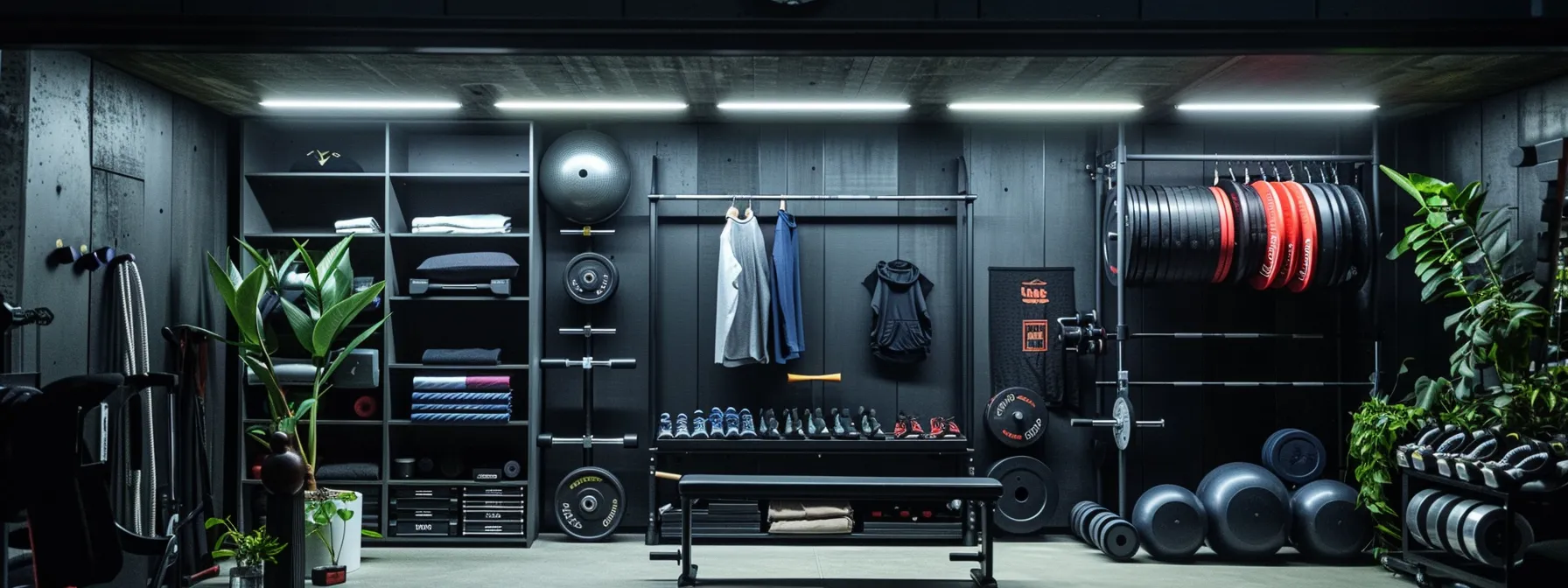 a sleek, modern home gym is illuminated by bright, focused overhead lighting, showcasing an impressive array of quality athletic gear including a sturdy barbell, vibrant workout shirts, and stylish accessories, all arranged neatly on minimalist shelving to highlight their desirable features.