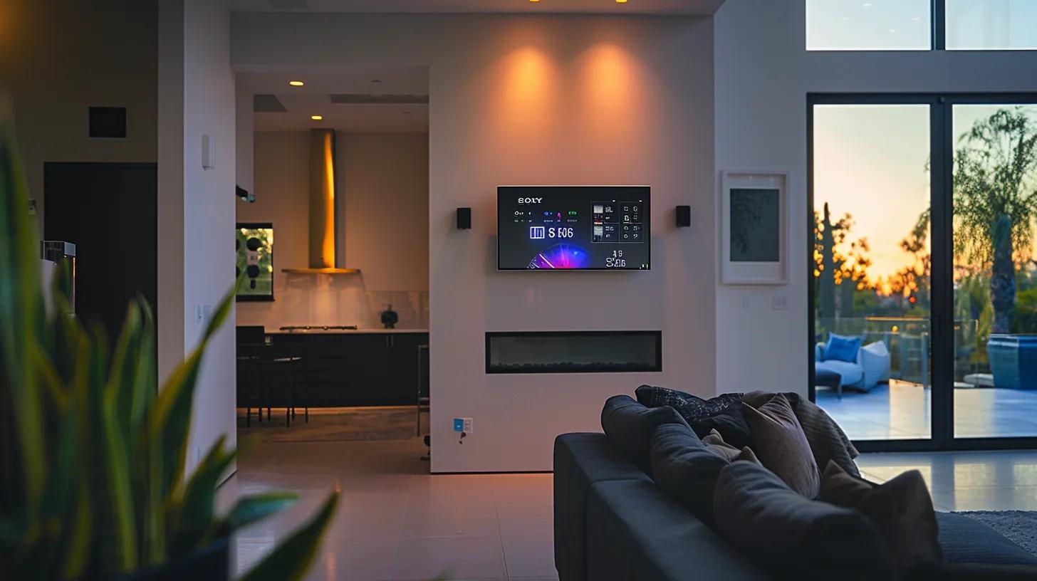 a sleek, modern home interior showcases an advanced smart home automation system with digital displays, energy monitoring tools, and programmable lighting, all set against a backdrop of minimalist design emphasizing the future-ready concept of energy-efficient living. a sleek, modern home interior showcases an advanced smart home automation system with digital displays, energy monitoring tools, and programmable lighting, all set against a backdrop of minimalist design emphasizing the future-ready concept of energy-efficient living.