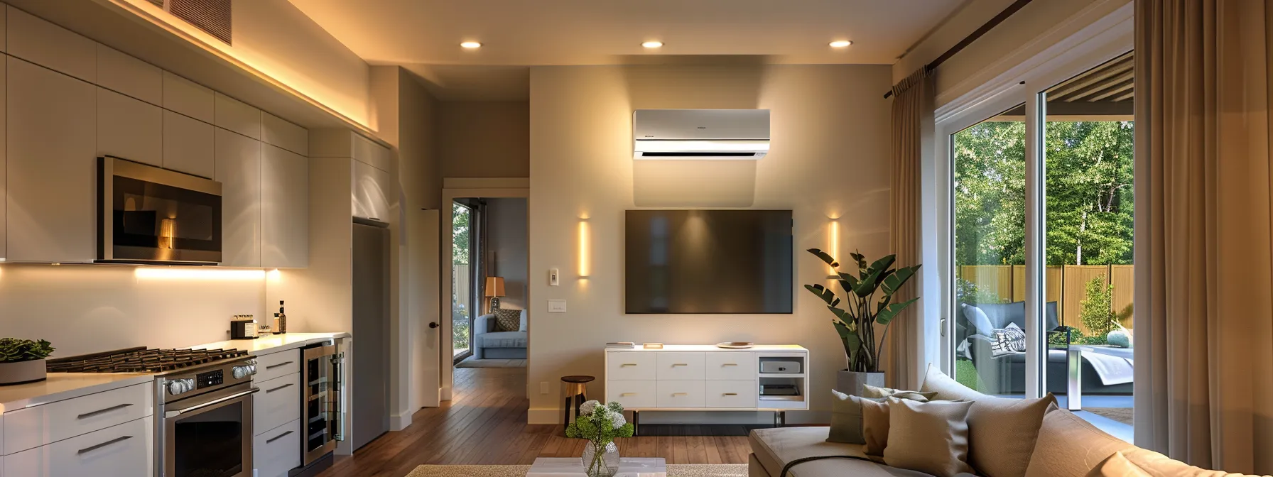 a sleek, modern home interior showcases a neatly installed central air conditioning unit, accompanied by energy-efficient appliances, as an attentive technician analyzes the room’s cooling needs with advanced diagnostic tools under bright, focused led lighting.