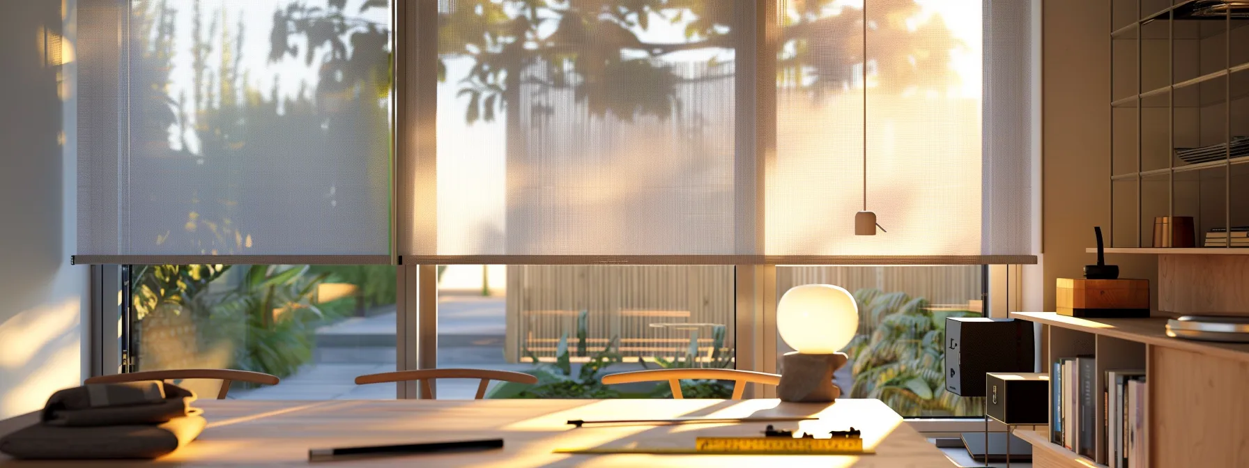 a sleek, modern home interior showcases precisely fitted window shades, with a measuring tape and installation tools laid out on a stylish table, illuminated by soft, focused lighting to emphasize the quality and craftsmanship of the window treatments.