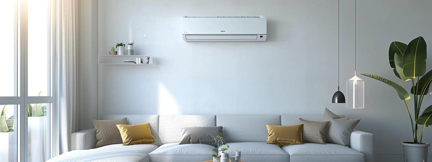 a sleek, modern home interior showcases a professional mini split air conditioning unit neatly installed on a wall, emphasizing energy efficiency and comfort in a contemporary living space.