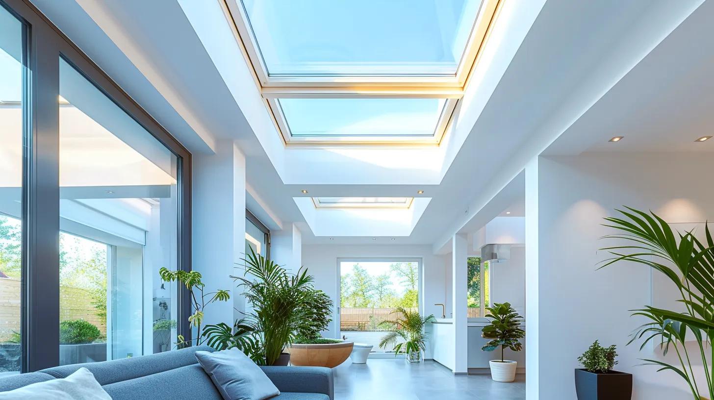 a sleek, modern home interior features a variety of skylight types, prominently displayed above, showcasing fixed, ventilated, tubular, and custom designs that enhance the space with natural light, complemented by stylish decor and a contemporary aesthetic.