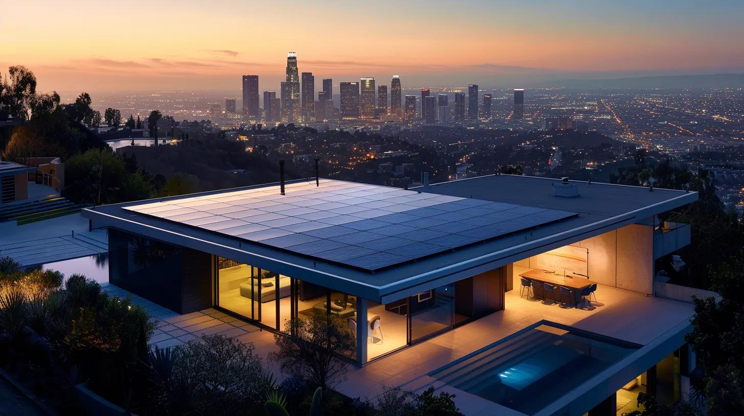a sleek, modern home is prominently showcased with an array of glossy solar panels on the roof, set against a vibrant urban skyline at dusk, highlighting the theme of renewable energy and cost-effective living through innovative technology. a sleek, modern home is prominently showcased with an array of glossy solar panels on the roof, set against a vibrant urban skyline at dusk, highlighting the theme of renewable energy and cost-effective living through innovative technology.
