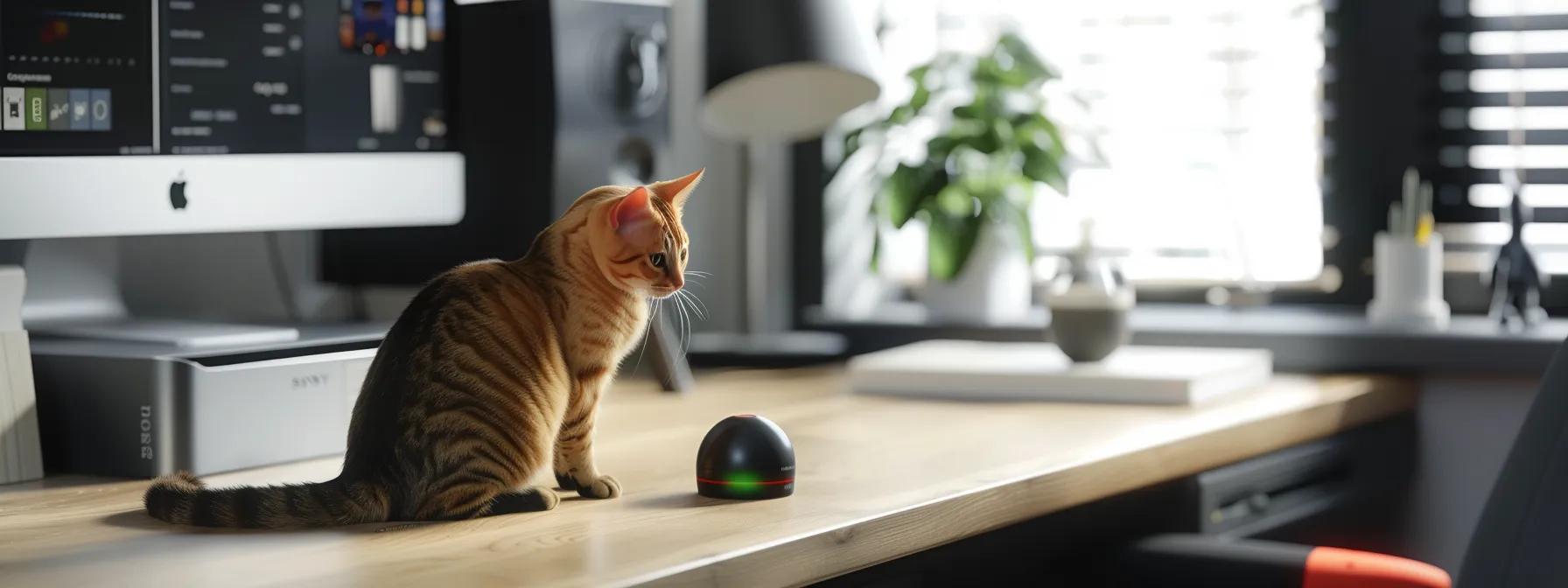 a sleek, modern home office setup features a vibrant cat laser toy on a polished desk, with a close-up view of its battery compartment showcasing the importance of proper battery care and maintenance. a sleek, modern home office setup features a vibrant cat laser toy on a polished desk, with a close-up view of its battery compartment showcasing the importance of proper battery care and maintenance.