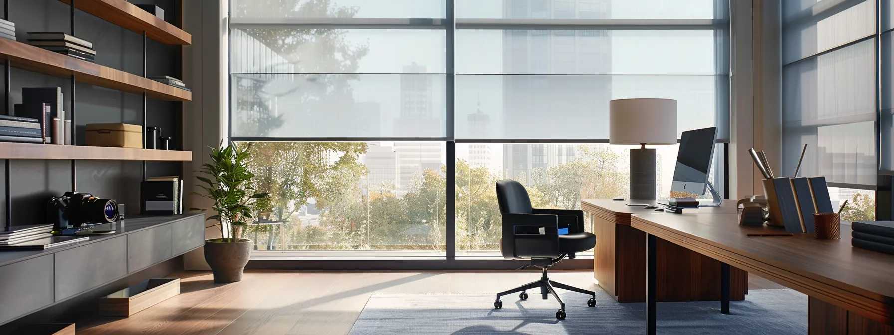 a sleek, modern home office features stylish automated window shades reflecting the afternoon sun, with energy-efficient designs visibly enhancing the room's insulation, showcasing the seamless blend of technology and comfort for optimal energy savings. a sleek, modern home office features stylish automated window shades reflecting the afternoon sun, with energy-efficient designs visibly enhancing the room's insulation, showcasing the seamless blend of technology and comfort for optimal energy savings.