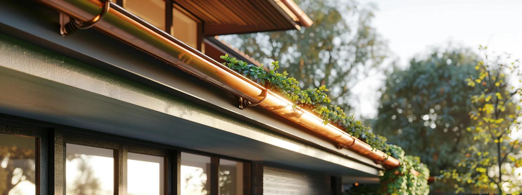 a sleek, modern home showcases seamless copper gutters, glistening in the sunlight while elegantly redirecting water away from the foundation, emphasizing its protective and aesthetic benefits in a suburban urban setting. a sleek, modern home showcases seamless copper gutters, glistening in the sunlight while elegantly redirecting water away from the foundation, emphasizing its protective and aesthetic benefits in a suburban urban setting.