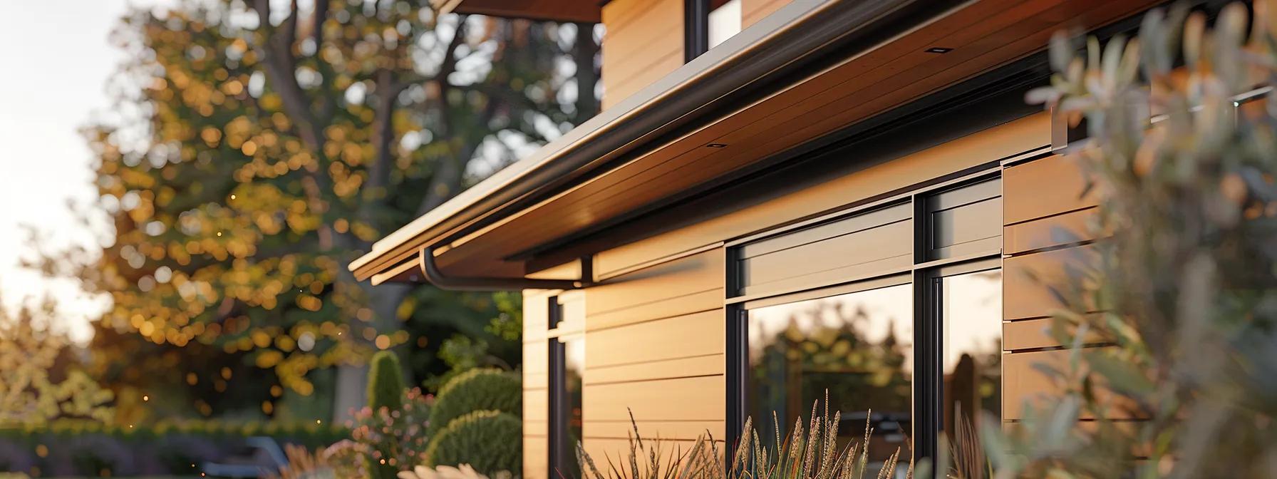 a sleek, modern home showcases a new seamless gutter system designed to efficiently channel away water, highlighting its sharp lines and structural integrity, with a backdrop of an organized maintenance area featuring tools and equipment. a sleek, modern home showcases a new seamless gutter system designed to efficiently channel away water, highlighting its sharp lines and structural integrity, with a backdrop of an organized maintenance area featuring tools and equipment.