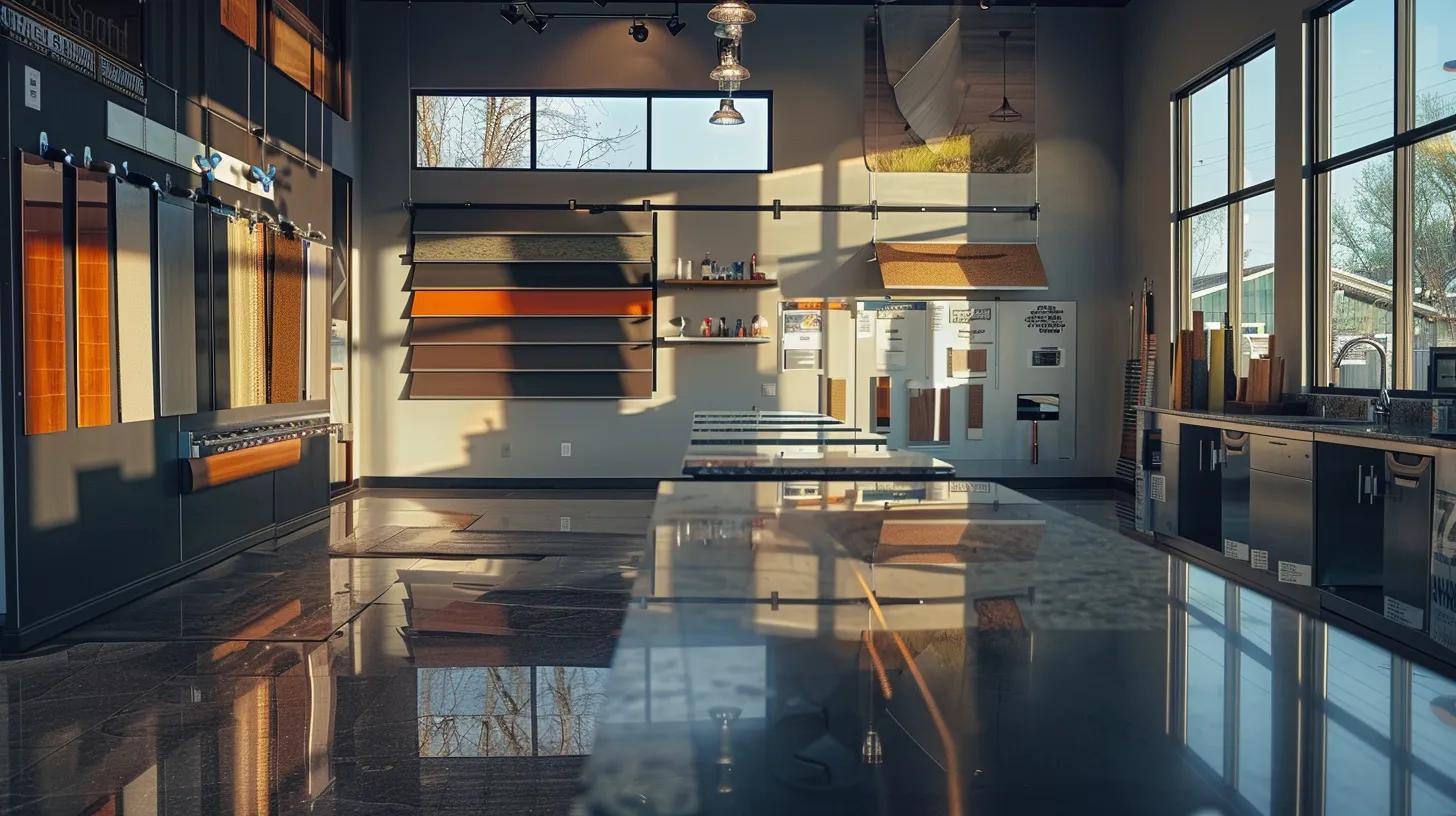 a sleek, modern home under bright, industrial lighting showcases various gutter materials displayed prominently on a polished countertop, emphasizing the stark contrasts between vinyl, aluminum, steel, and copper, all aimed at highlighting their distinct benefits and price points.