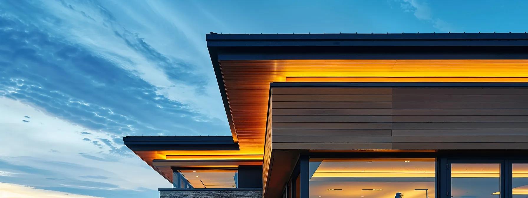 a sleek, modern home with seamless gutters prominently showcased, capturing rainwater elegantly flowing away from the foundation in an urban setting under dramatic artificial lighting, highlighting the structure's sharp lines and architectural details. a sleek, modern home with seamless gutters prominently showcased, capturing rainwater elegantly flowing away from the foundation in an urban setting under dramatic artificial lighting, highlighting the structure's sharp lines and architectural details.