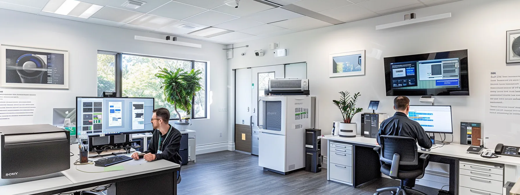 a sleek, modern hvac consultation office in rockville, md, featuring a professional technician engaging with a homeowner about system efficiency, surrounded by high-tech equipment and clear informational displays. a sleek, modern hvac consultation office in rockville, md, featuring a professional technician engaging with a homeowner about system efficiency, surrounded by high-tech equipment and clear informational displays.