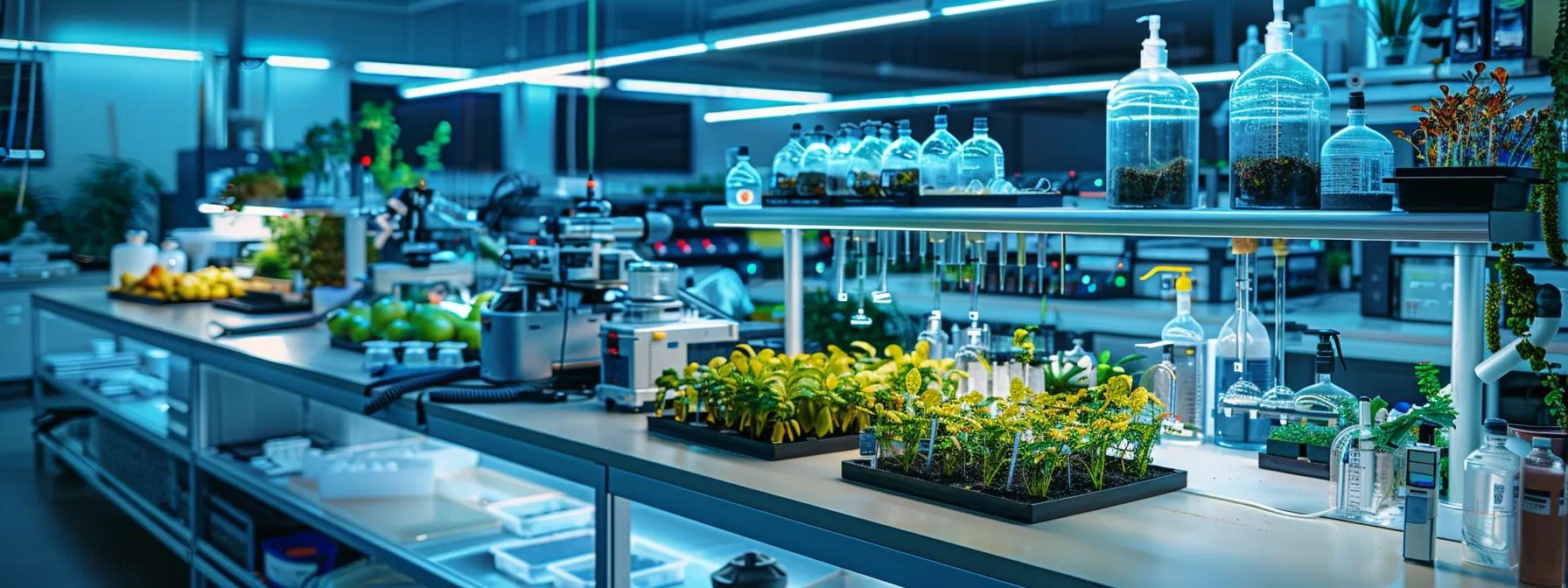 a sleek, modern hydroponics lab features an array of advanced pumps and equipment displayed on a polished countertop, illuminated by bright, focused overhead lighting, emphasizing the meticulous organization and efficiency essential for optimal plant growth.