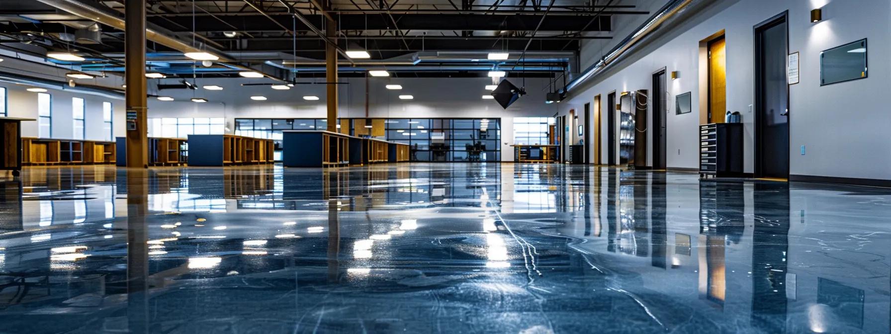 a sleek, modern industrial workspace features glossy epoxy flooring reflecting vibrant overhead lights, highlighting its resilience and aesthetic appeal for tennessee businesses. a sleek, modern industrial workspace features glossy epoxy flooring reflecting vibrant overhead lights, highlighting its resilience and aesthetic appeal for tennessee businesses.