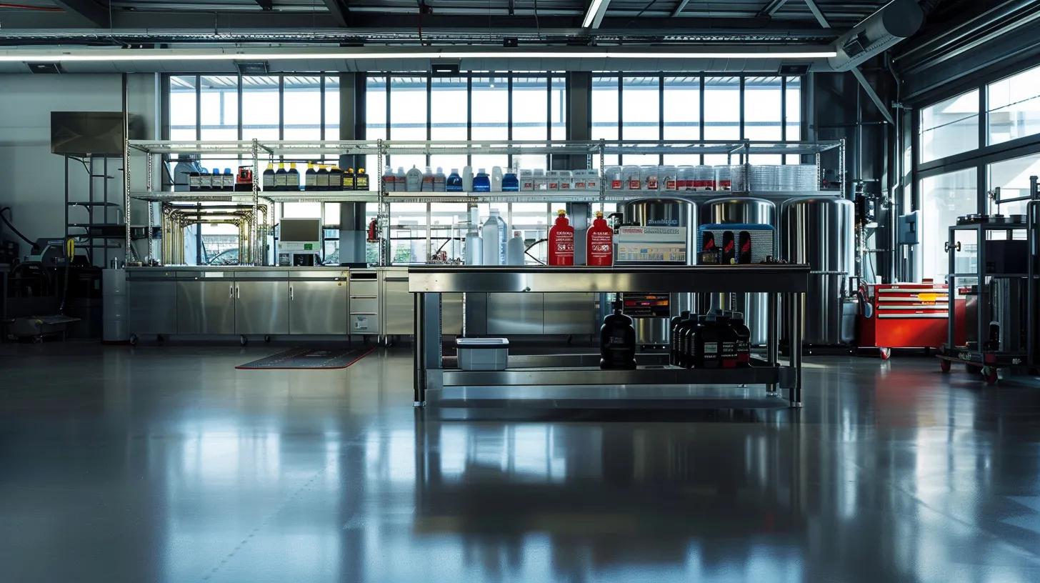 a sleek, modern industrial workshop showcases a range of high-performance degreasers and cleaners arranged neatly on a stainless steel workbench, with gleaming metal machinery and pipelines in the background, emphasizing the essential role of these products in maintaining operational efficiency. a sleek, modern industrial workshop showcases a range of high-performance degreasers and cleaners arranged neatly on a stainless steel workbench, with gleaming metal machinery and pipelines in the background, emphasizing the essential role of these products in maintaining operational efficiency.