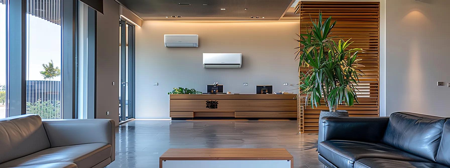a sleek, modern installation of a mini-split system is showcased in a contemporary office environment, featuring polished surfaces and minimalistic decor, highlighting the efficiency and sophistication of climate control technology. a sleek, modern installation of a mini-split system is showcased in a contemporary office environment, featuring polished surfaces and minimalistic decor, highlighting the efficiency and sophistication of climate control technology.