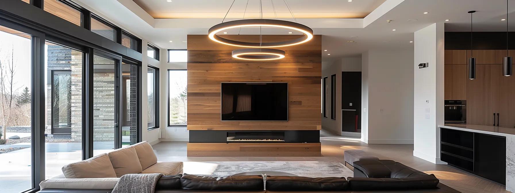a sleek, modern interior of a custom home showcases a harmonious blend of sustainable materials and advanced smart technology, featuring rich textures and striking oversized light fixtures against a backdrop of minimalist yet bold design elements. a sleek, modern interior of a custom home showcases a harmonious blend of sustainable materials and advanced smart technology, featuring rich textures and striking oversized light fixtures against a backdrop of minimalist yet bold design elements.