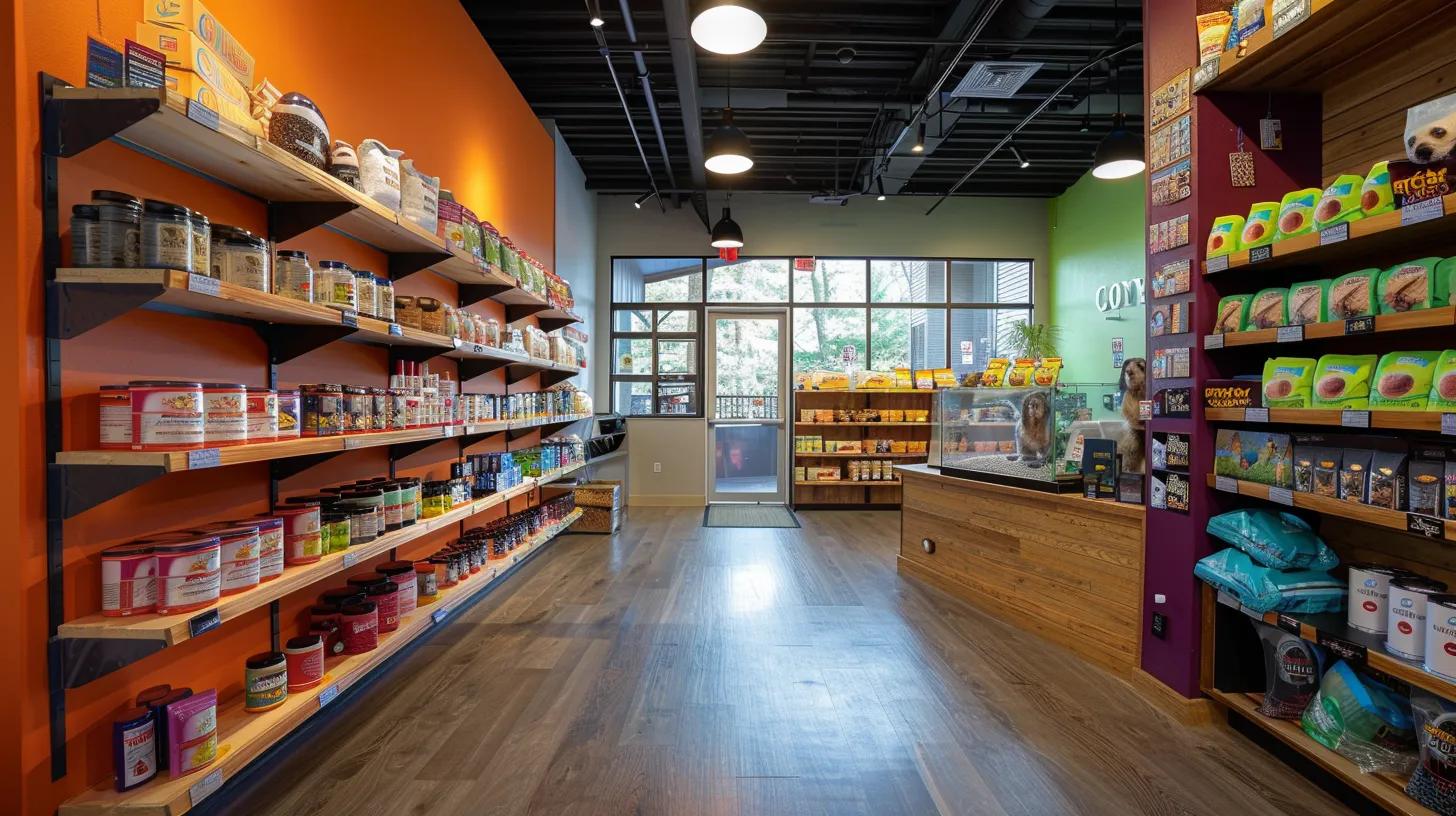 a sleek, modern interior of a pet store features neatly organized shelves stocked with vibrant health and wellness products for pets, highlighting nutritional supplements, calming aids, and diagnostic tools against a warm, inviting backdrop.