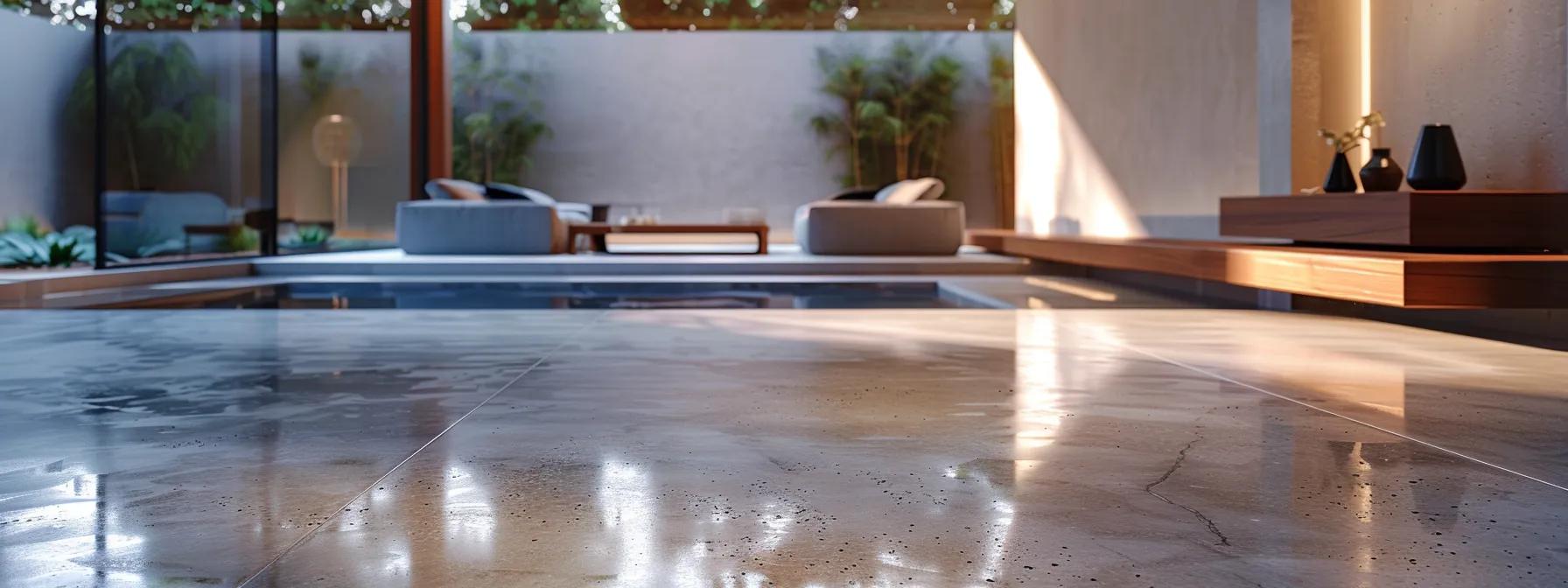 a sleek, modern interior showcases beautifully stained concrete floors with rich, variegated hues that elegantly mimic natural stone, set against clean lines and minimalist furnishings to highlight the artistry and durability of this innovative surface treatment.