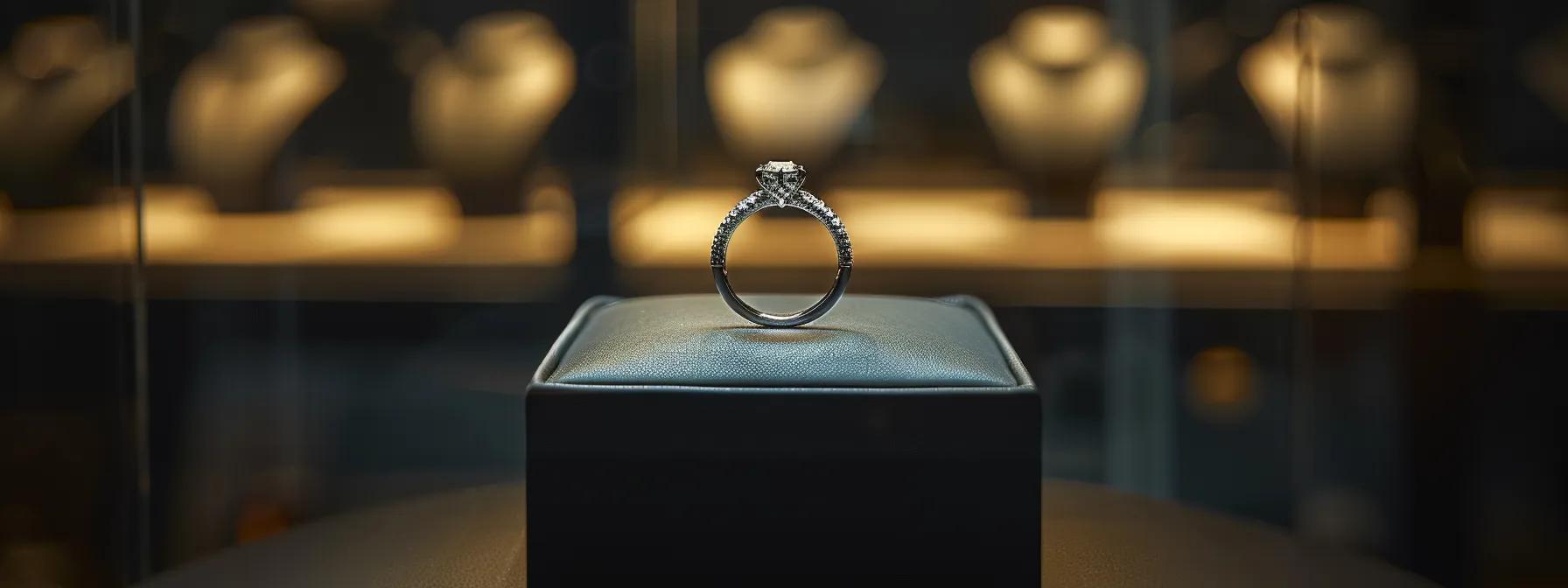 a sleek, modern jewelry display in a high-end boutique showcases an exquisite black diamond engagement ring under focused, warm lighting, illuminating its depth and brilliance against a glossy black backdrop. a sleek, modern jewelry display in a high-end boutique showcases an exquisite black diamond engagement ring under focused, warm lighting, illuminating its depth and brilliance against a glossy black backdrop.