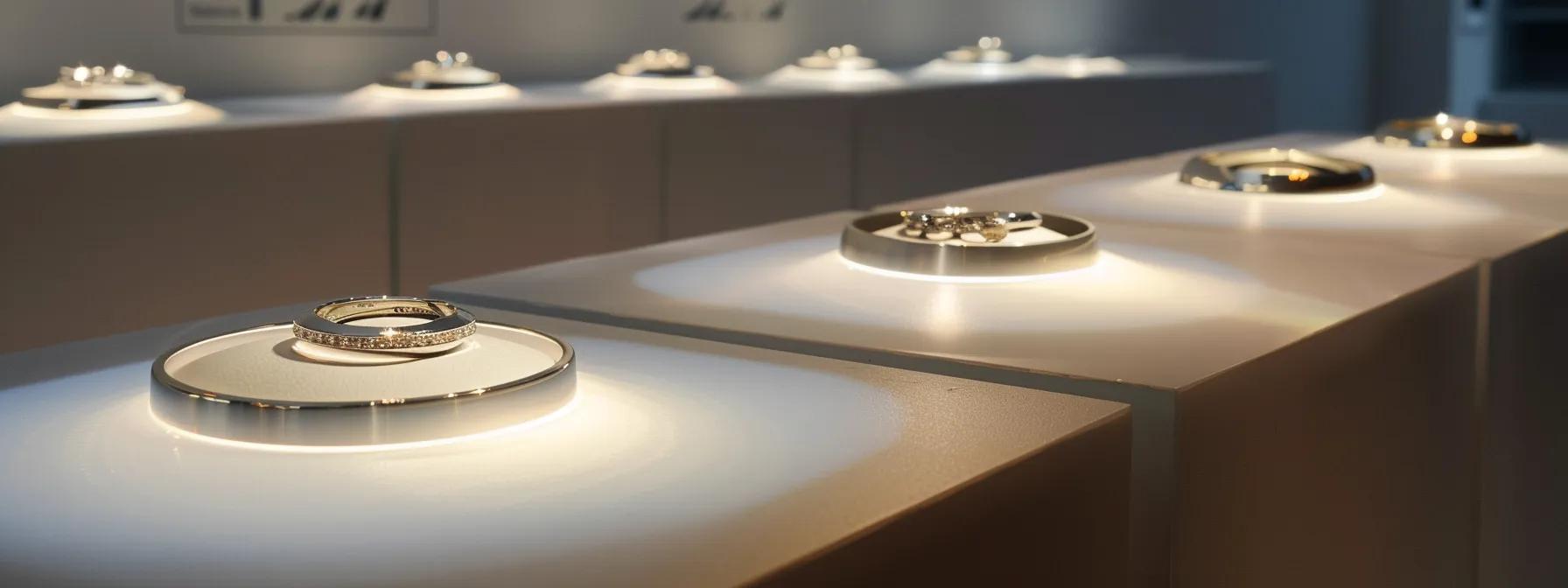a sleek, modern jewelry display showcases a variety of titanium rings, illuminated by soft, focused lighting that highlights their unique strength and lightweight design against a minimalistic, contemporary backdrop. a sleek, modern jewelry display showcases a variety of titanium rings, illuminated by soft, focused lighting that highlights their unique strength and lightweight design against a minimalistic, contemporary backdrop.