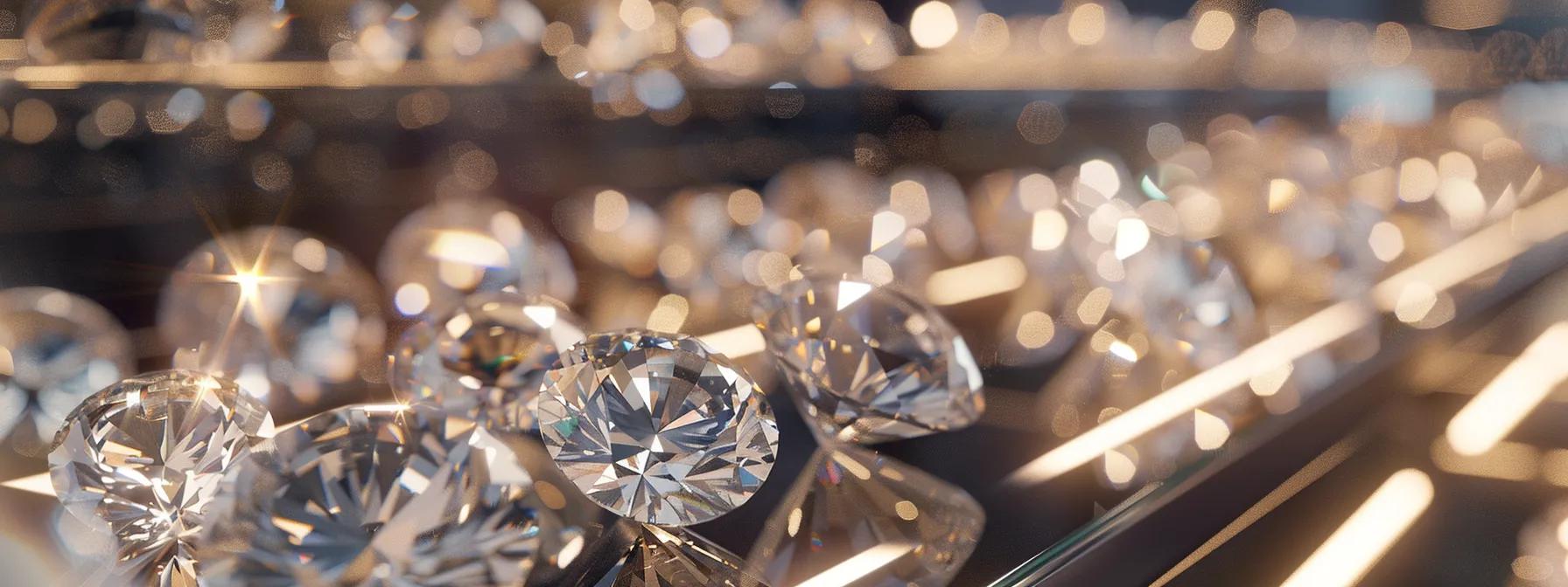 a sleek, modern jewelry showroom featuring a radiant display of lab-grown and natural diamonds, elegantly illuminated under soft, ambient lighting, showcasing their distinct brilliance to discerning customers.