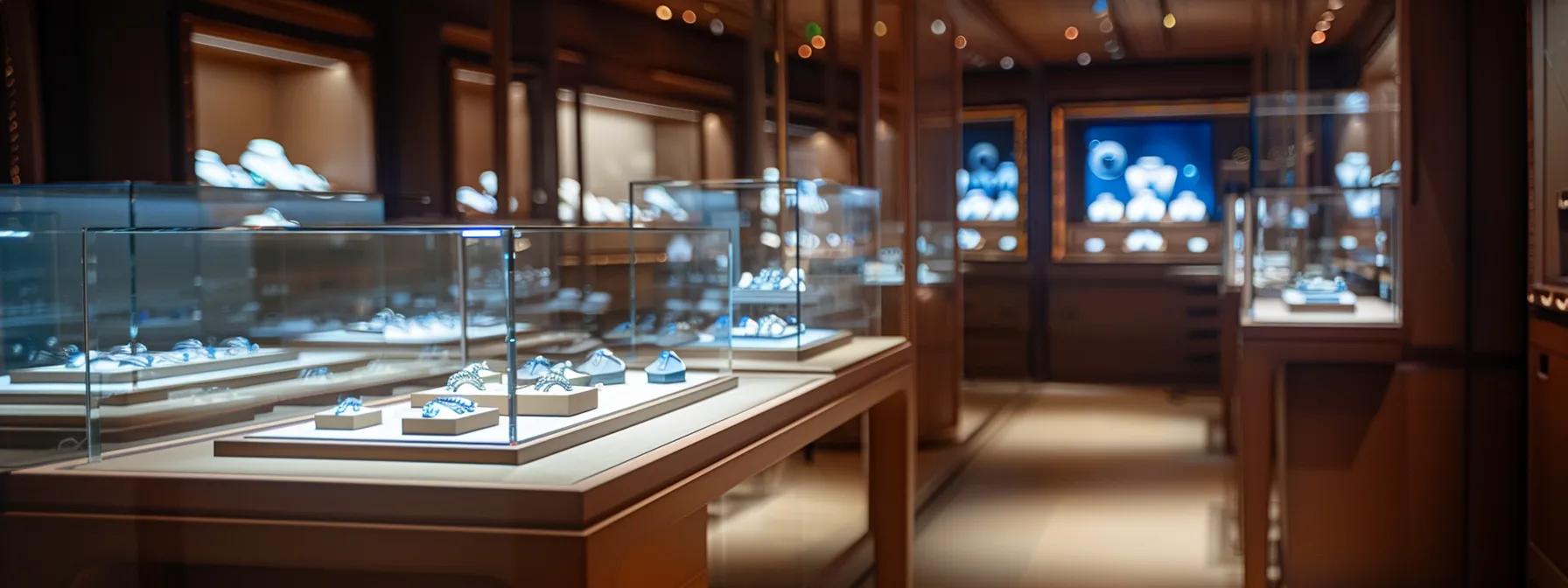 a sleek, modern jewelry store interior showcases a vivid display of real and fake sapphires under precise lighting, highlighting their distinct color distributions and clarity differences in an elegant glass case.