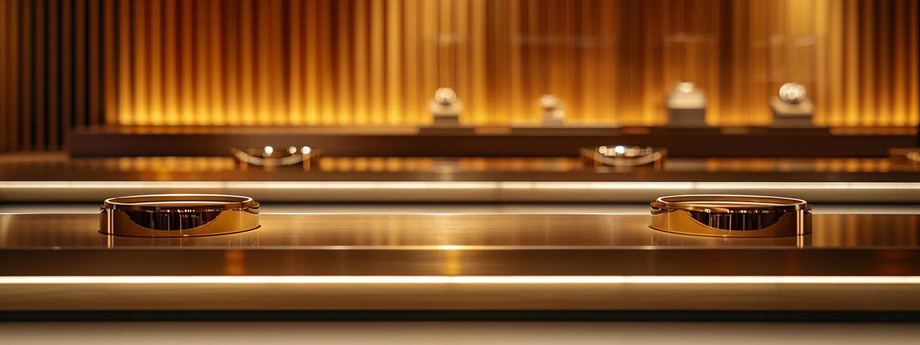 a sleek, modern jewelry store interior showcases a polished display of elegant rings, featuring prominent alternative gemstones and minimalist settings under warm, inviting lighting, reflecting both style and affordability. a sleek, modern jewelry store interior showcases a polished display of elegant rings, featuring prominent alternative gemstones and minimalist settings under warm, inviting lighting, reflecting both style and affordability.