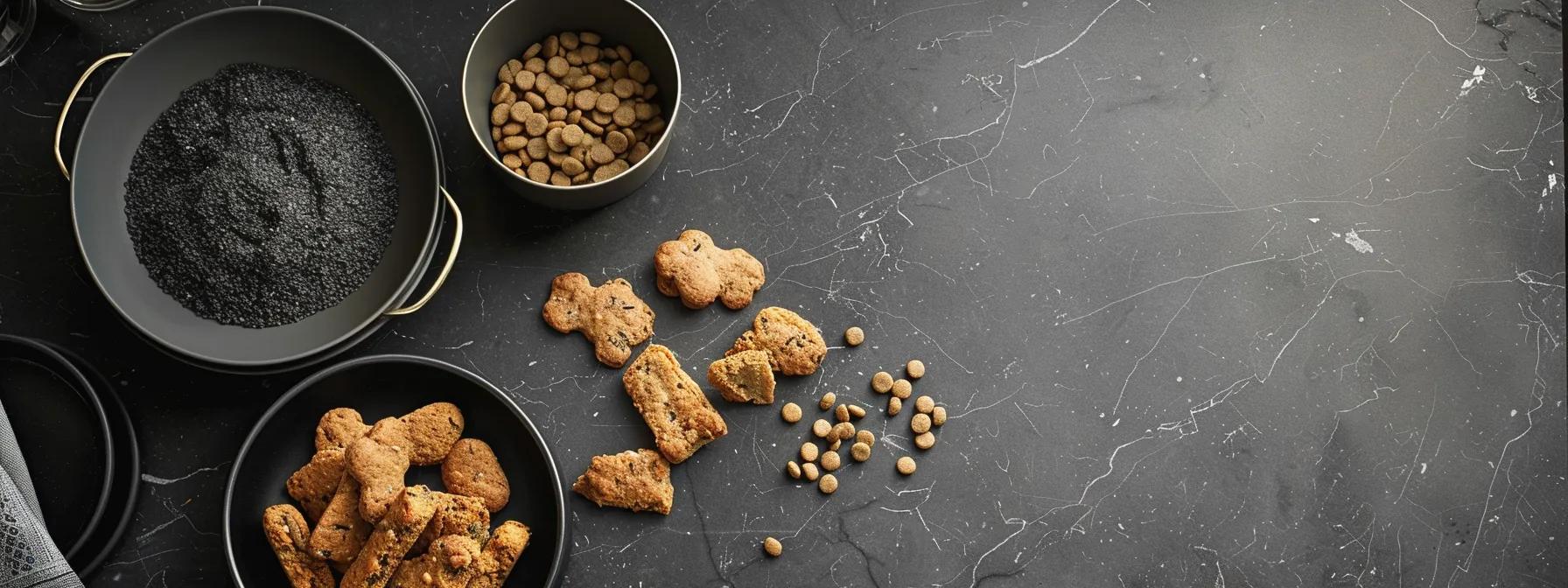 a sleek, modern kitchen countertop showcases a striking arrangement of gourmet charcoal and oatmeal biscuits on one side, contrasted against traditional dog treats, with a clear nutritional comparison chart prominently displayed, emphasizing health-focused ingredients and transparency. a sleek, modern kitchen countertop showcases a striking arrangement of gourmet charcoal and oatmeal biscuits on one side, contrasted against traditional dog treats, with a clear nutritional comparison chart prominently displayed, emphasizing health-focused ingredients and transparency.