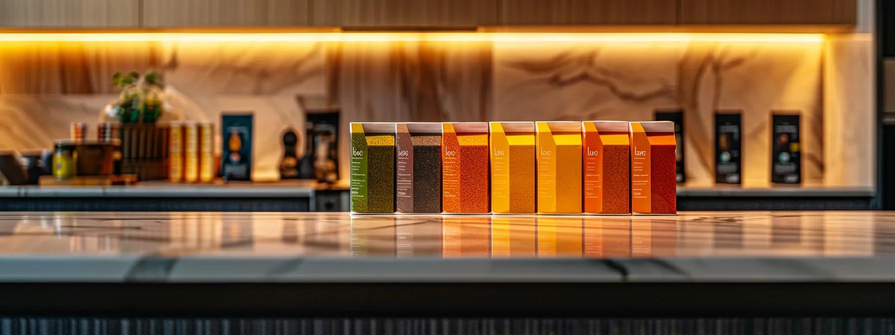 a sleek, modern kitchen countertop displays an array of vibrant against the grain cat food varieties, each in distinct, colorful packaging, highlighting the diverse flavors designed for feline satisfaction and health. a sleek, modern kitchen countertop displays an array of vibrant against the grain cat food varieties, each in distinct, colorful packaging, highlighting the diverse flavors designed for feline satisfaction and health.