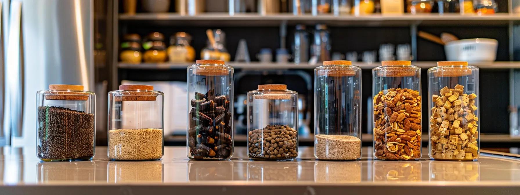 a sleek, modern kitchen countertop displays an array of labeled glass jars filled with healthy, simple ingredients for dog treats, emphasizing the importance of avoiding harmful additives and allergens for sensitive dogs. a sleek, modern kitchen countertop displays an array of labeled glass jars filled with healthy, simple ingredients for dog treats, emphasizing the importance of avoiding harmful additives and allergens for sensitive dogs.