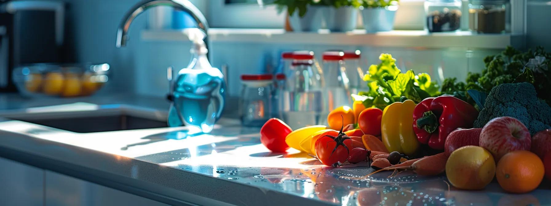 a sleek, modern kitchen countertop showcases an array of colorful, nutrient-rich foods meticulously arranged alongside crystal-clear water sources, emphasizing the precision and care involved in maintaining a thriving ant colony's nutrition and hydration. a sleek, modern kitchen countertop showcases an array of colorful, nutrient-rich foods meticulously arranged alongside crystal-clear water sources, emphasizing the precision and care involved in maintaining a thriving ant colony's nutrition and hydration.