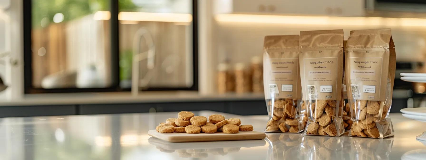 a sleek, modern kitchen countertop showcases an array of elegantly packaged hypoallergenic dog treats, highlighting vibrant ingredient labels that emphasize natural, limited, and grain-free options in a warm, inviting indoor setting.