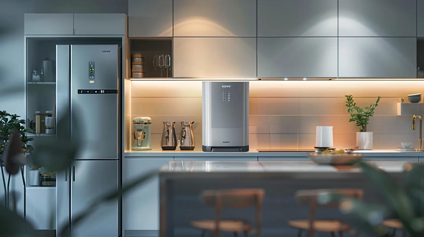 a sleek modern kitchen displays both a traditional tank water heater and a compact tankless water heater side by side, highlighting their contrasting designs and functionalities under bright, focused led lighting.