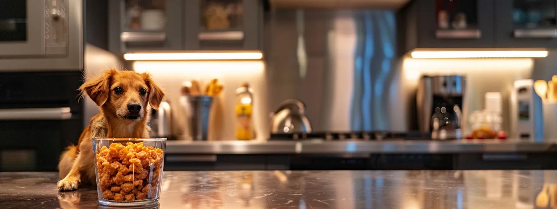 a sleek, modern kitchen featuring an elegant glass container filled with vibrant freeze-dried chicken treats, positioned on a polished countertop alongside a playful puppy looking eagerly towards the treats, illuminated by warm, inviting overhead lighting that emphasizes the product's health benefits for pets. a sleek, modern kitchen featuring an elegant glass container filled with vibrant freeze-dried chicken treats, positioned on a polished countertop alongside a playful puppy looking eagerly towards the treats, illuminated by warm, inviting overhead lighting that emphasizes the product's health benefits for pets.