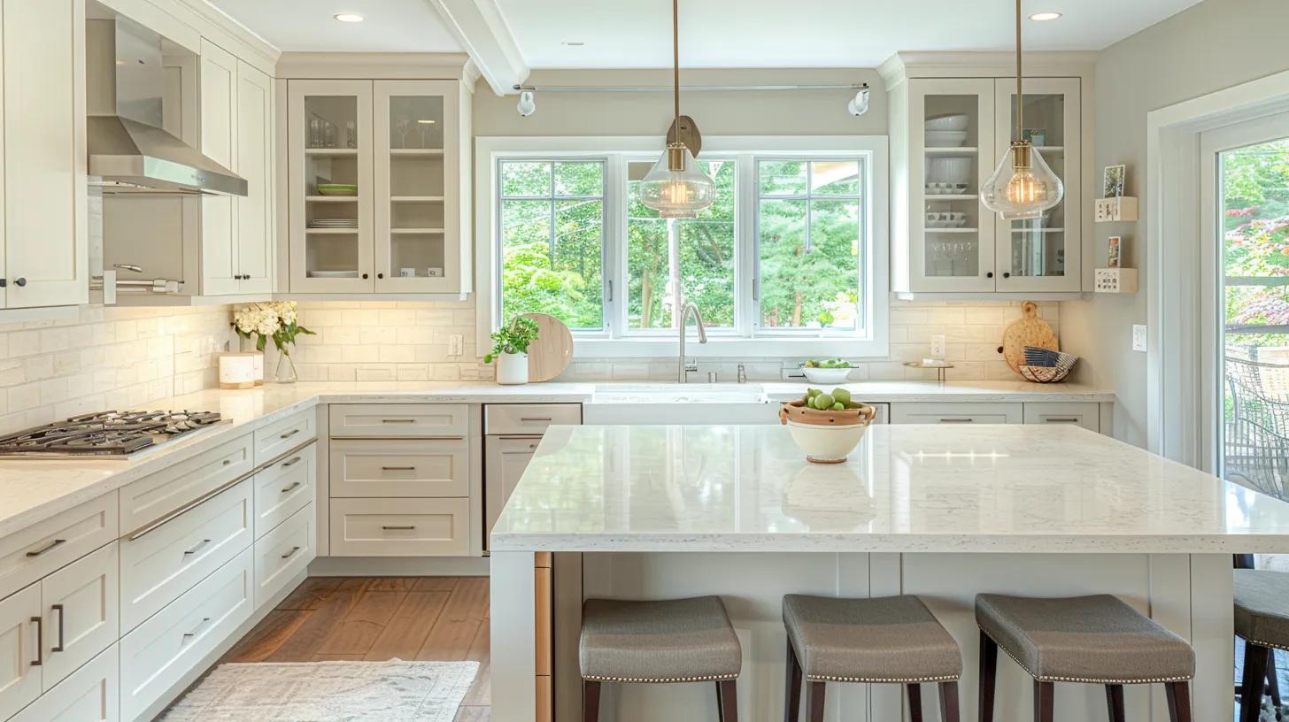 a sleek, modern kitchen featuring elegantly designed shaker cabinets in a balanced palette of serene hues, showcasing clean lines and a harmonious, minimalist aesthetic. a sleek, modern kitchen featuring elegantly designed shaker cabinets in a balanced palette of serene hues, showcasing clean lines and a harmonious, minimalist aesthetic.