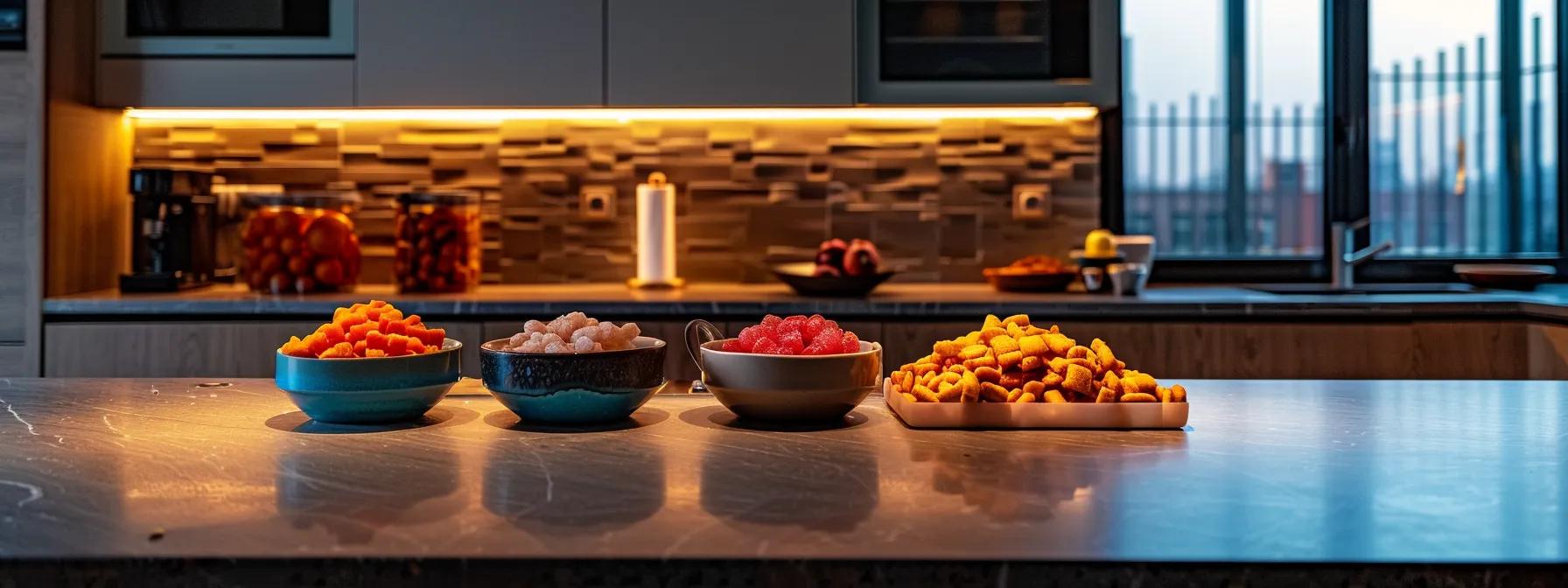 a sleek, modern kitchen featuring an array of vibrant freeze-dried dog treats displayed prominently on a polished countertop, illuminated by soft, warm lighting that highlights their colorful textures and retains an aura of freshness and nutritional integrity. a sleek, modern kitchen featuring an array of vibrant freeze-dried dog treats displayed prominently on a polished countertop, illuminated by soft, warm lighting that highlights their colorful textures and retains an aura of freshness and nutritional integrity.