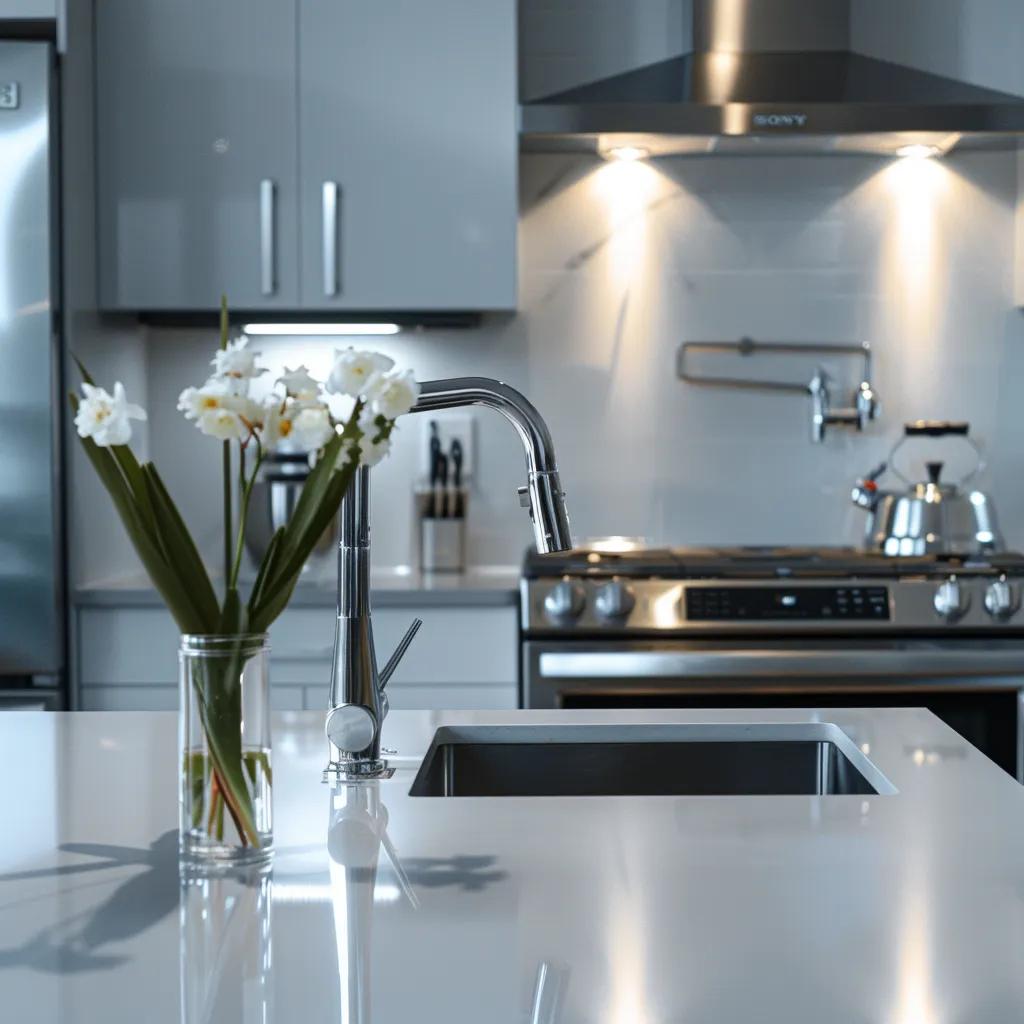 a sleek, modern kitchen fills the frame, showcasing an organized preventative plumbing checklist prominently displayed on a stainless steel surface, with gleaming appliances and elegant fixtures in the background, emphasizing the importance of meticulous home maintenance.