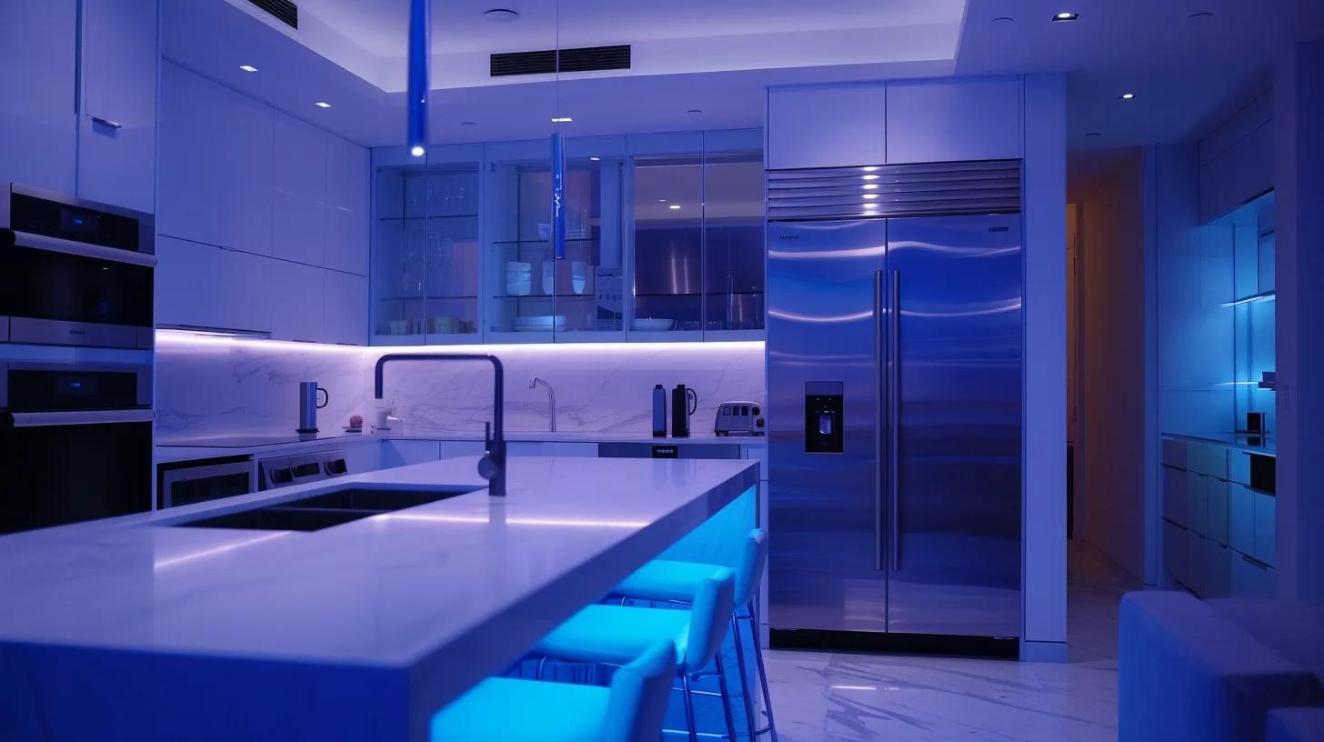a sleek, modern kitchen in the midst of a stylish remodel, showcasing cutting-edge smart technology appliances seamlessly integrated into minimalist cabinetry, illuminated by innovative automated lighting that highlights the space's efficiency and contemporary design. a sleek, modern kitchen in the midst of a stylish remodel, showcasing cutting-edge smart technology appliances seamlessly integrated into minimalist cabinetry, illuminated by innovative automated lighting that highlights the space's efficiency and contemporary design.