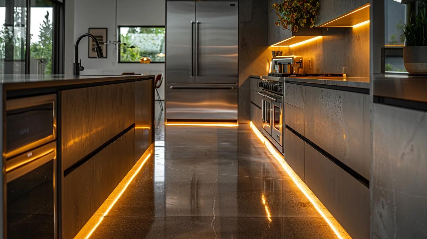 a sleek, modern kitchen in the midst of a remodel, showcasing a stunning variety of contemporary flooring materials like polished concrete and natural stone tiles, illuminated by warm, inviting ambient lighting that highlights the seamless blend of durability and refined aesthetics. a sleek, modern kitchen in the midst of a remodel, showcasing a stunning variety of contemporary flooring materials like polished concrete and natural stone tiles, illuminated by warm, inviting ambient lighting that highlights the seamless blend of durability and refined aesthetics.