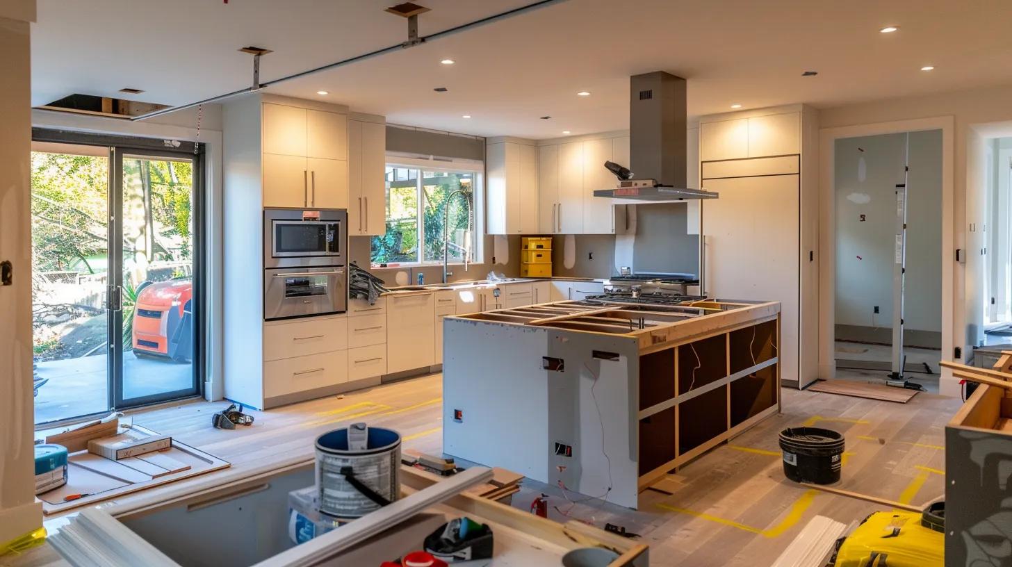 a sleek, modern kitchen remodel in progress showcases innovative multi-functional zones, with stylish cabinetry and dynamic workstations, highlighting the versatility of small spaces designed for cooking, dining, and socializing. a sleek, modern kitchen remodel in progress showcases innovative multi-functional zones, with stylish cabinetry and dynamic workstations, highlighting the versatility of small spaces designed for cooking, dining, and socializing.