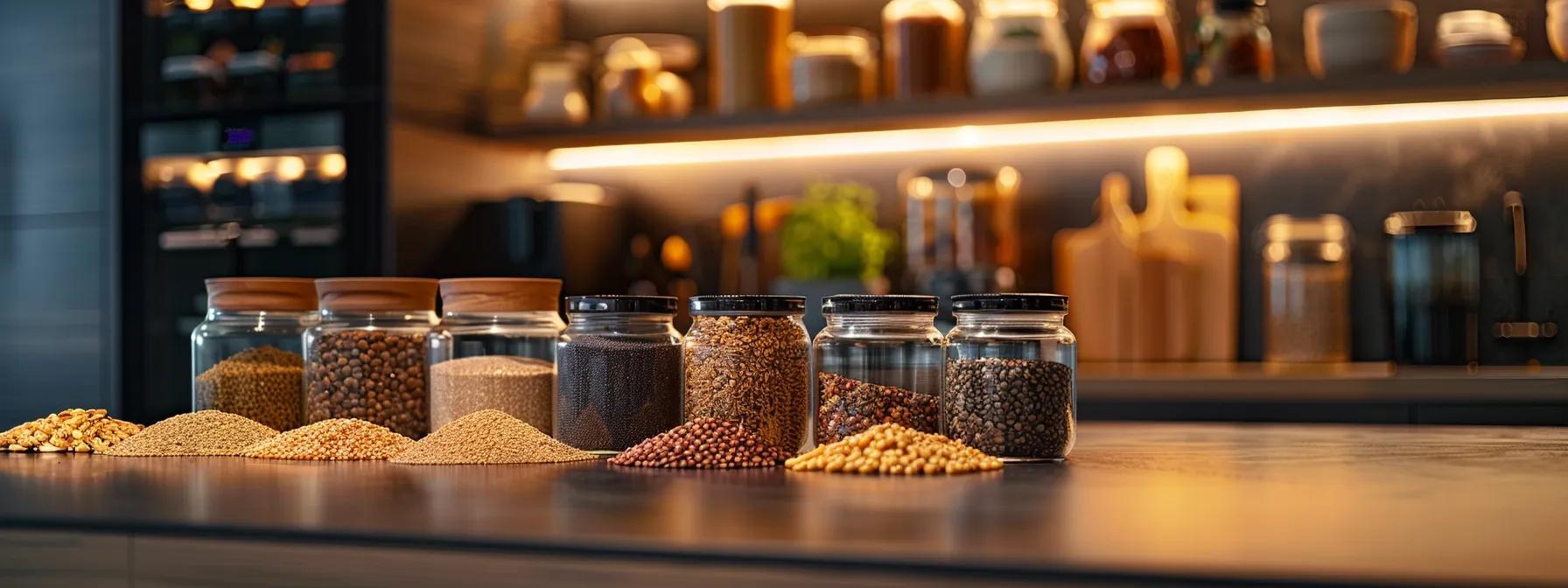 a sleek, modern kitchen setting showcases an array of vibrant whole grains and legumes neatly arranged on a polished countertop, illuminated by soft, ambient lighting that highlights their rich textures and colors, symbolizing the foundation of a kidney-friendly diet.