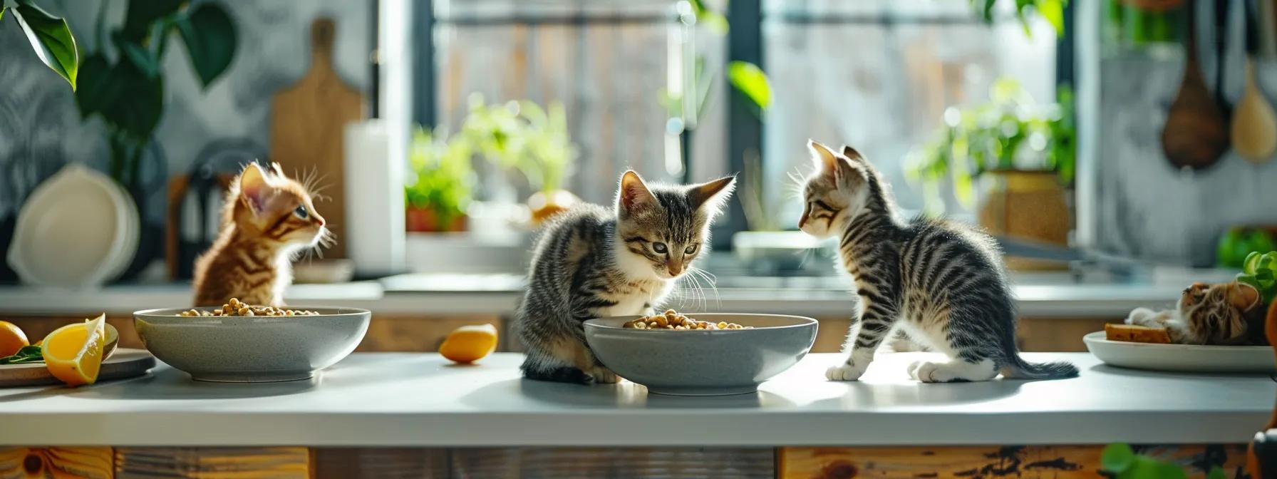 a sleek, modern kitchen setting showcases a beautifully arranged bowl of smooth, richly textured pâté cat food, surrounded by playful, eager kittens, highlighting their enthusiastic meal experience and the product's appealing qualities. a sleek, modern kitchen setting showcases a beautifully arranged bowl of smooth, richly textured pâté cat food, surrounded by playful, eager kittens, highlighting their enthusiastic meal experience and the product's appealing qualities.