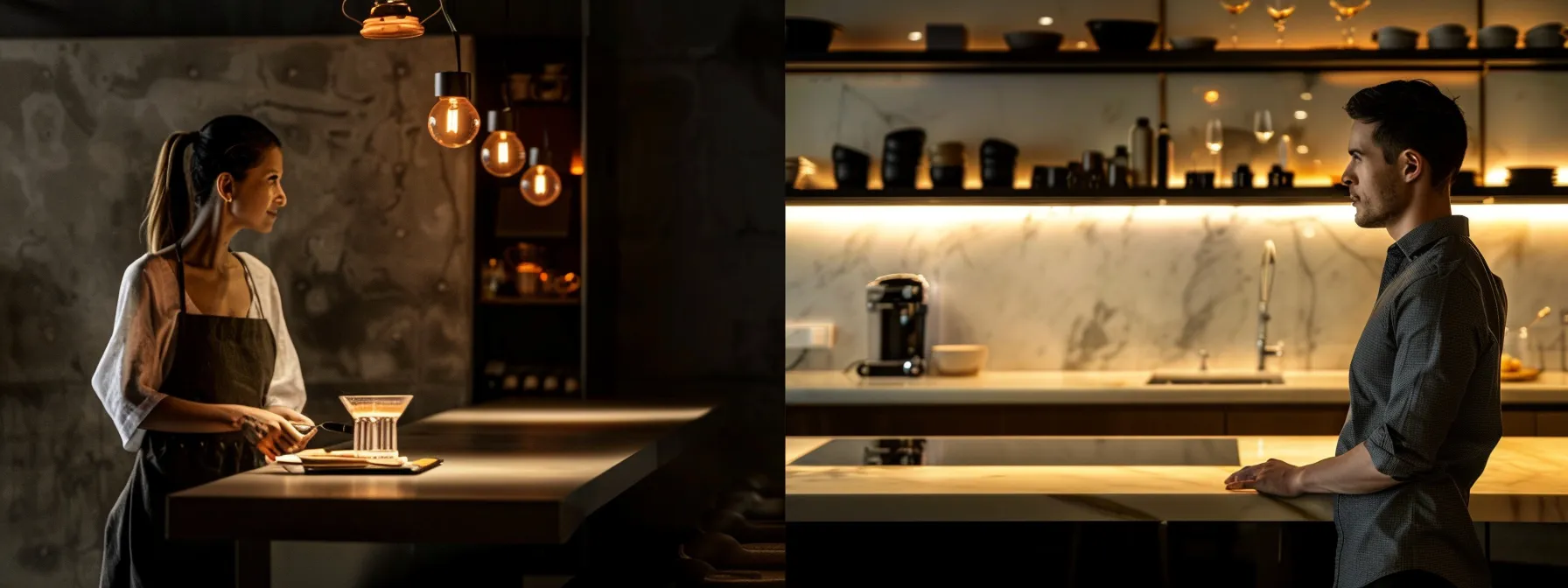 a sleek, modern kitchen showcases elegant countertops and custom cabinetry, complemented by innovative fixtures and a stylish backsplash, all bathed in warm ambient light that highlights the blend of aesthetics and durability for a visually stunning interior remodel.