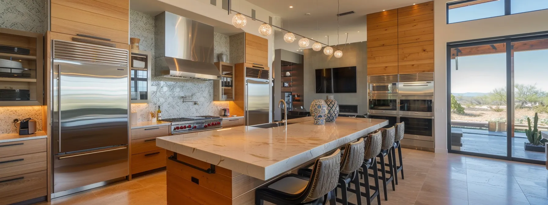 a sleek, modern kitchen showcases a seamless integration of smart technology, featuring high-end appliances, ambient intelligent lighting, and a stylish digital assistant interface, all crafted with contemporary design elements and elegant finishes.
