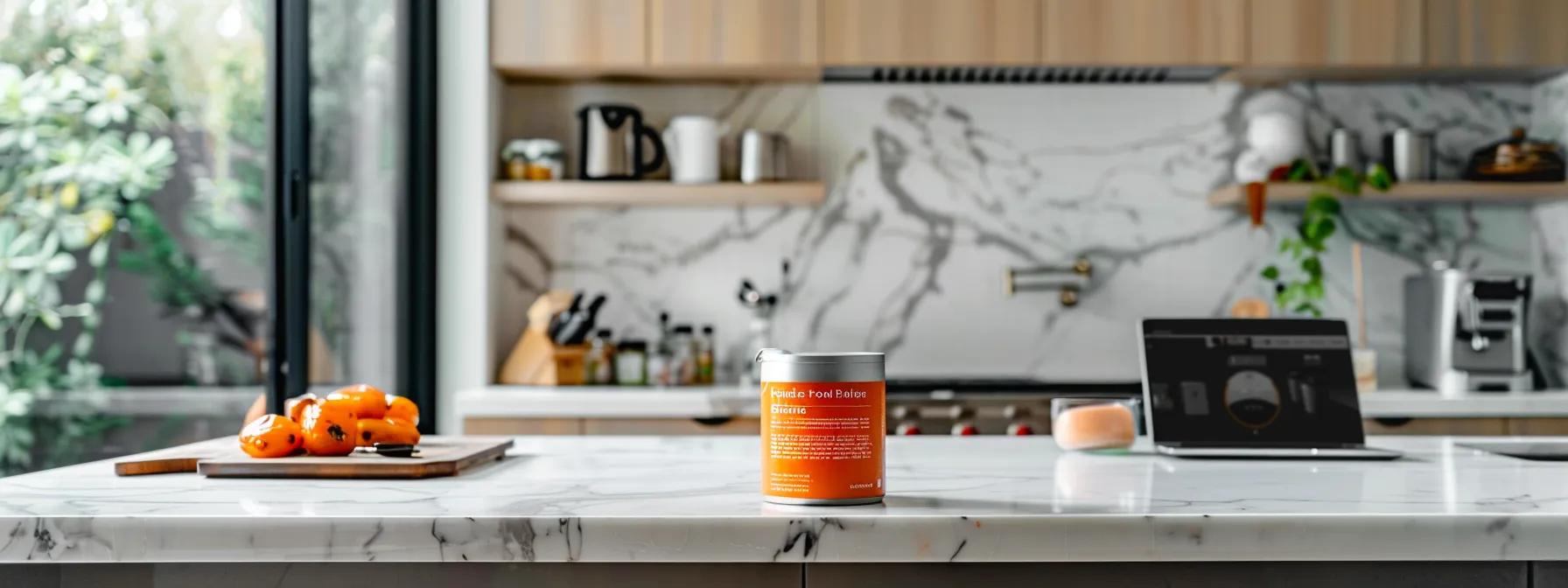 a sleek, modern kitchen showcases a can of premium usa-made salmon wet dog food prominently displayed on a marble countertop, complemented by an open laptop displaying ethical sourcing certifications, emphasizing transparency and sustainability in pet food production. a sleek, modern kitchen showcases a can of premium usa-made salmon wet dog food prominently displayed on a marble countertop, complemented by an open laptop displaying ethical sourcing certifications, emphasizing transparency and sustainability in pet food production.