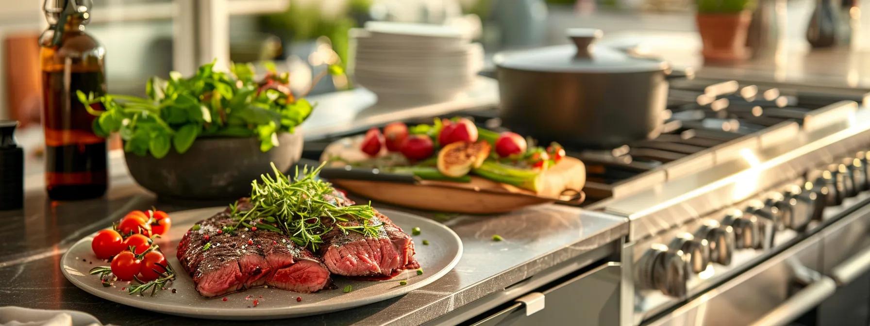 a sleek, modern kitchen showcases a vibrant array of expertly prepared grass-fed beef dishes, highlighted by stylish plating and upscale cookware, emphasizing the rising consumer demand for organic and sustainable meats.