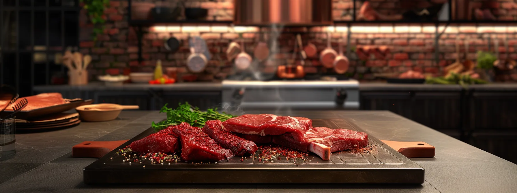 a sleek, modern kitchen showcases a beautifully arranged display of freshly cut beef, including carne asada and rib cuts, highlighting the benefits of purchasing bulk from a local farm, with a warm, inviting ambiance that emphasizes quality and value.