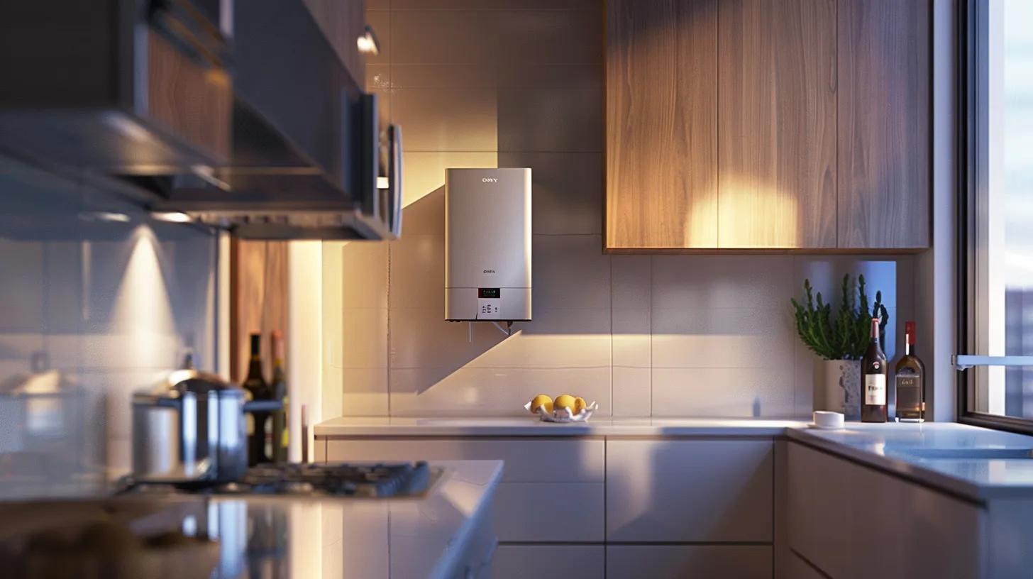 a sleek, modern kitchen showcases a shiny tankless water heater mounted on the wall, illuminated by warm artificial lighting, emphasizing its compact design and high-tech features against a backdrop of contemporary cabinetry and fixtures. a sleek, modern kitchen showcases a shiny tankless water heater mounted on the wall, illuminated by warm artificial lighting, emphasizing its compact design and high-tech features against a backdrop of contemporary cabinetry and fixtures.