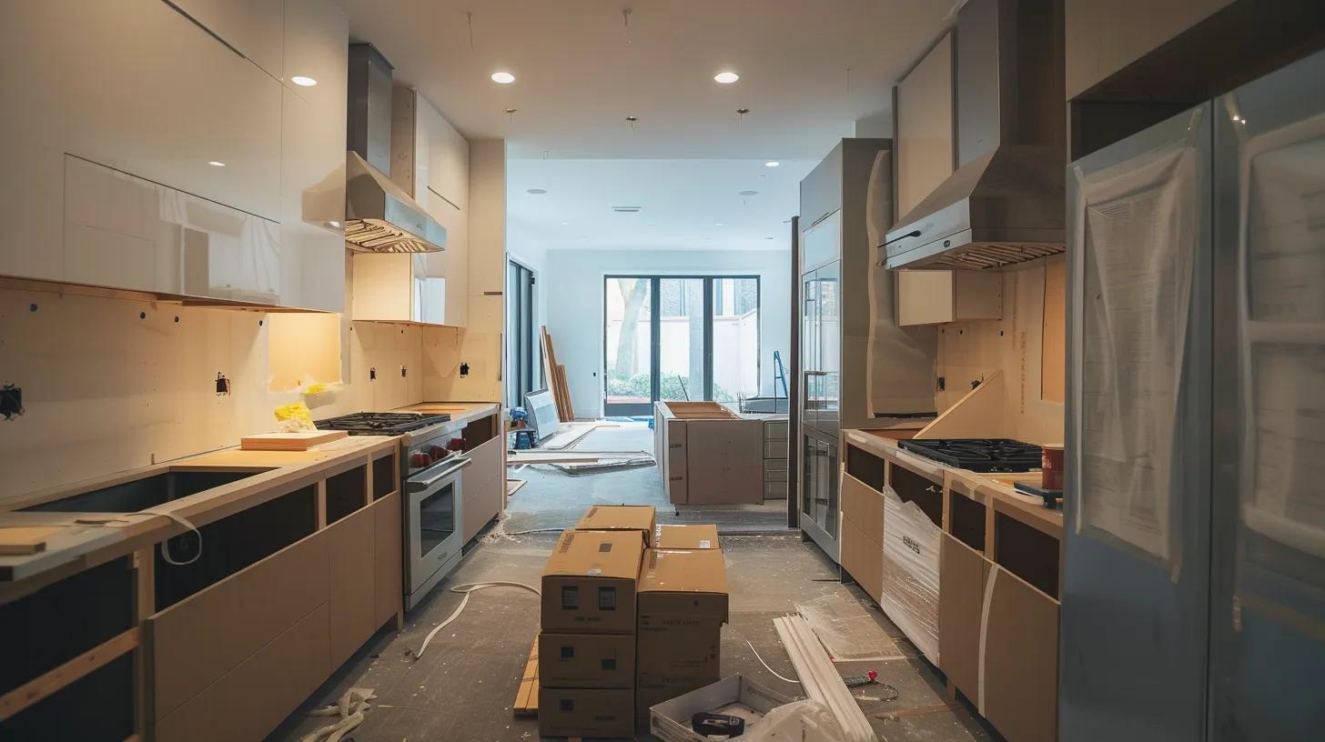a sleek modern kitchen under renovation showcases an array of stylish compact appliances artfully arranged against clean lines of minimalist cabinetry, emphasizing space efficiency and contemporary design. a sleek modern kitchen under renovation showcases an array of stylish compact appliances artfully arranged against clean lines of minimalist cabinetry, emphasizing space efficiency and contemporary design.