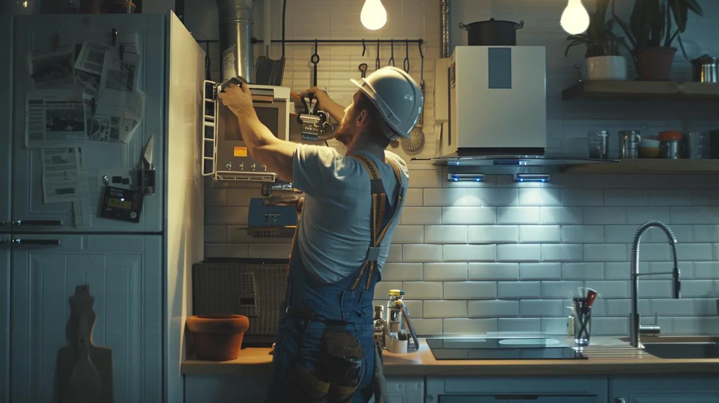 a sleek, modern kitchen with a professional plumber expertly installing a tankless water heater, showcasing the intricate piping and advanced technology in a well-lit, urban setting. a sleek, modern kitchen with a professional plumber expertly installing a tankless water heater, showcasing the intricate piping and advanced technology in a well-lit, urban setting.