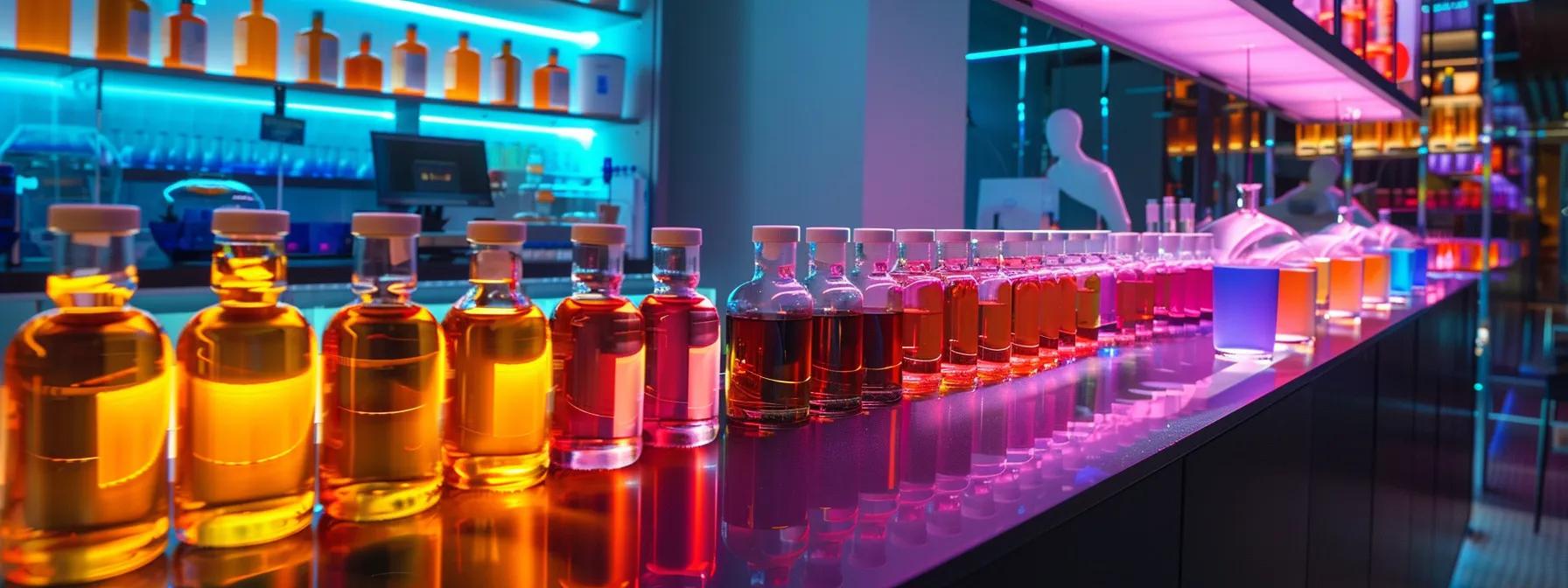 a sleek, modern laboratory filled with colorful vials and high-tech equipment, showcasing the intricate chemical compounds of cannabinoids and terpenes that elucidate the unique effects of different cannabis strains. a sleek, modern laboratory filled with colorful vials and high-tech equipment, showcasing the intricate chemical compounds of cannabinoids and terpenes that elucidate the unique effects of different cannabis strains.